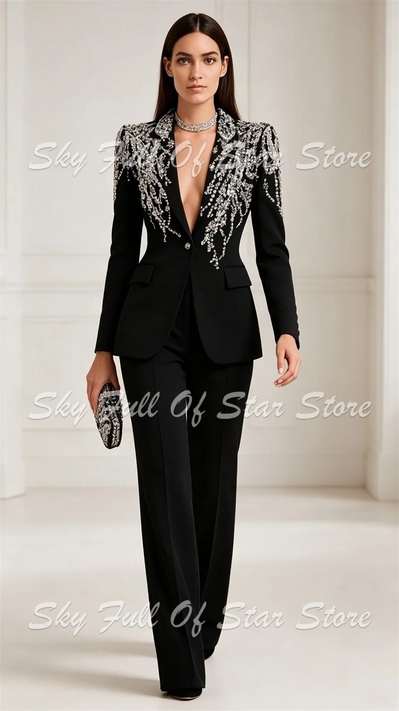 Black Women Suit Set 2 Pcs Silver Crystal Rhinestone Embellished Blazer Pants Custom Formal Evening Wedding Office Lady Coat