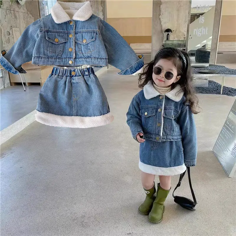 

Girls Winter Lamb Wool Denim Clothes Suits Padded Jacket +Thick Straight Skirt Two Piece Baby Clothing Sets Spring Outfits 2-7T