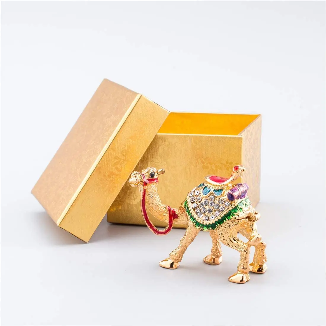 H&D  Crystal Camel Figurines Decor Ornament,Golden Enamel Camel Statues Animal Trinket Jewelry Box Hinged