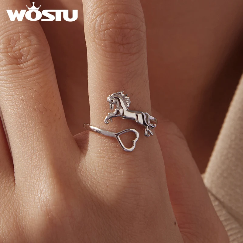 

WOSTU 925 Sterling Silver Heart Horse Open Ring Leopard Scrollwork Animal White Gold for Women Party Daily Fine Jewelry Gift