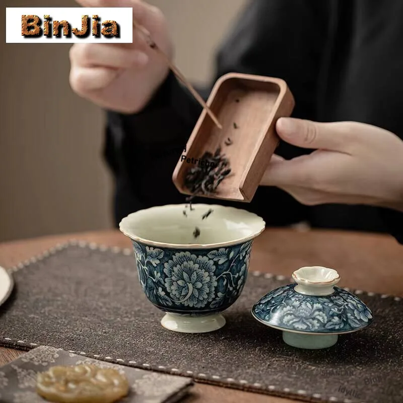

100ML Antique Ru Kiln Ceramic Gaiwan Vintage Blooming Flowers Tea Tureen Household Maker Cover Bowl Services Decoration Supplies