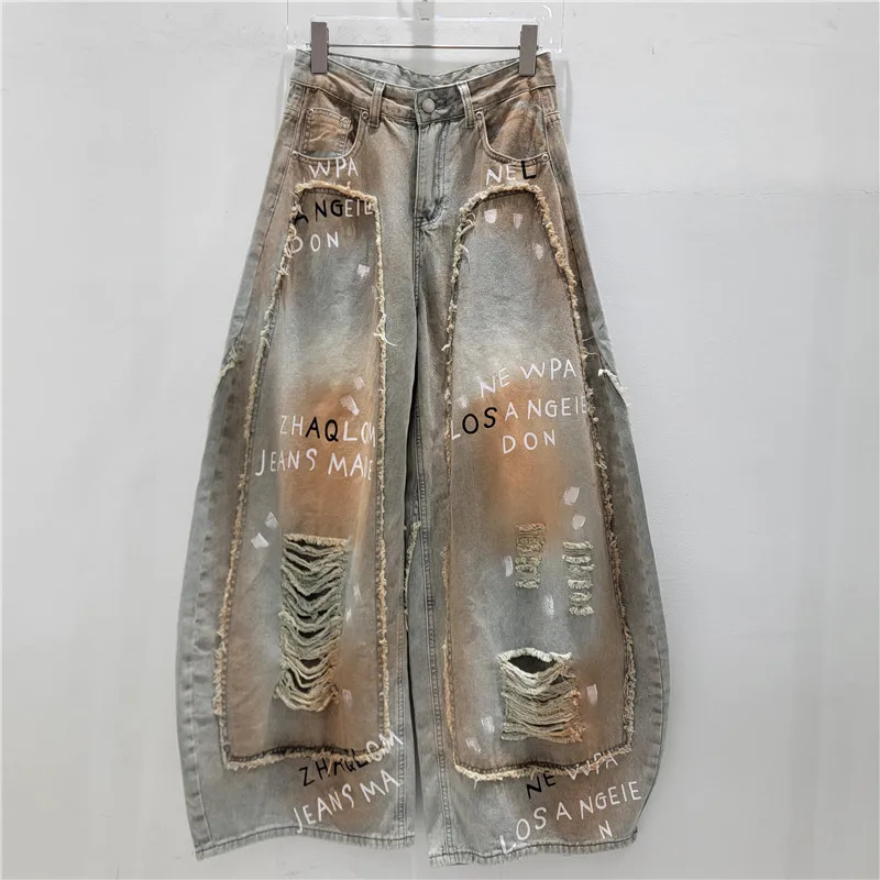 Ripped Curved Knife Jeans for Women Retro Letter Printed Casual Wide Leg Trousers Summer New High Waist Loose Denim Pants