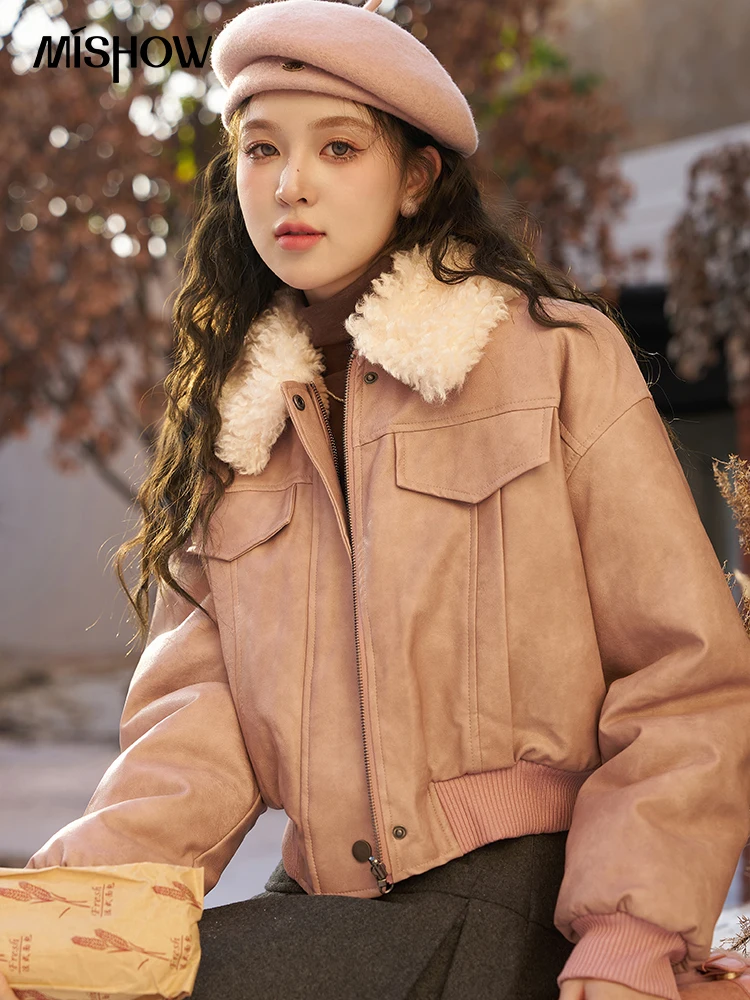 MISHOW Vintage Pu Leather Fleece Jacket Women Winter High Quality Lamb Wool Lapel Crop Coat Woman Thick Warm Outwear MXC52W0281