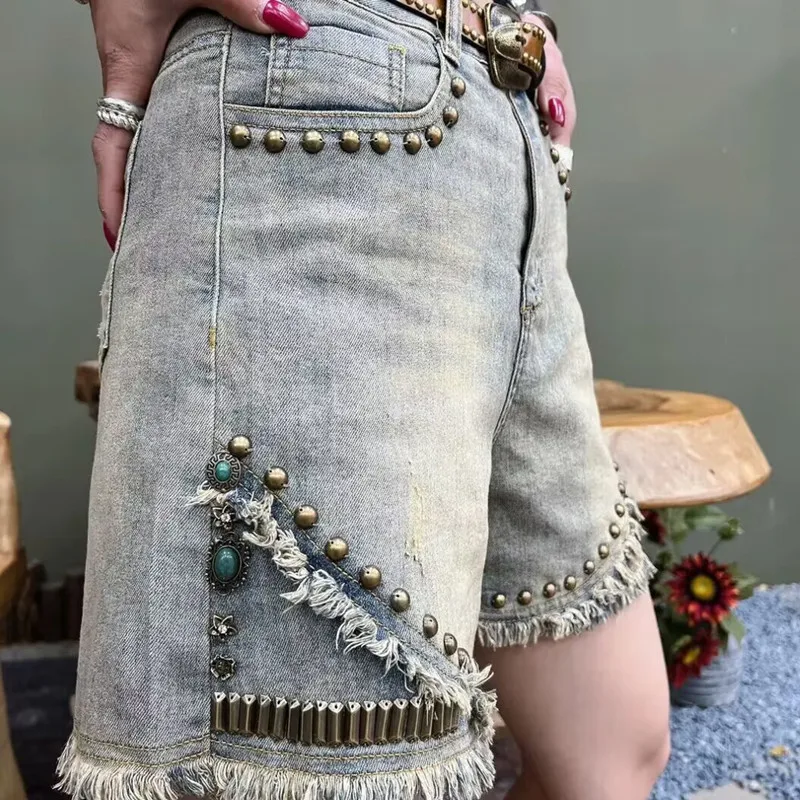 Rivetti Harajuku Moda Retro Pantaloncini di jeans Estate 2025 Nuovi pantaloncini da cowgirl in elegante fidanzato Bermuda Booty Shorts Donna Jorts