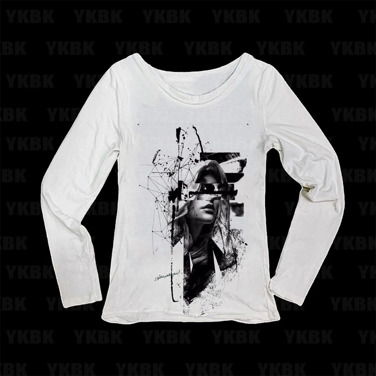 Glitch Woman Face Ink Splash Geometric Art Graphic Print Women Long Sleeve T‑Shirt Slim Fit Dark Ladies Tops