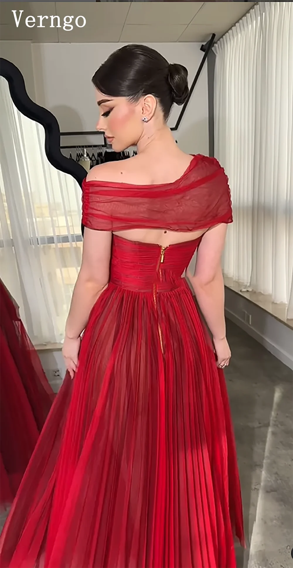 Verngo Red Tulle Prom Gown Simple A Line Party Dress For Women Floor Length Zipper Formal Occasion Dress