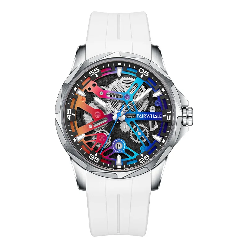 Sports Automatic Watch For Men Fashion Stainless Steel Rainbow Dial Mechanical Wristwatch Man