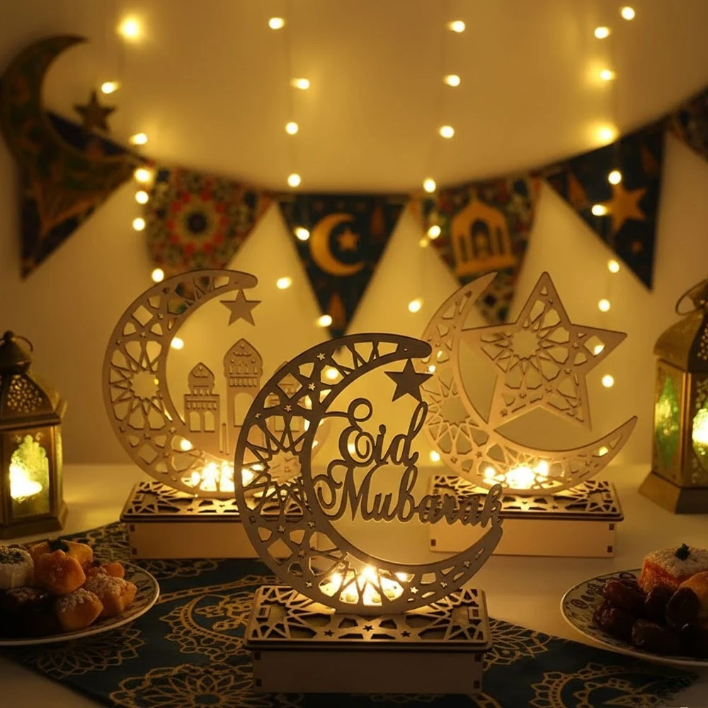 

Ramadan Mubarak Wooden Moon Star Lamp Cultural Festival Decor for Home Party Supplies Desktop Ornament Celebration Lighting