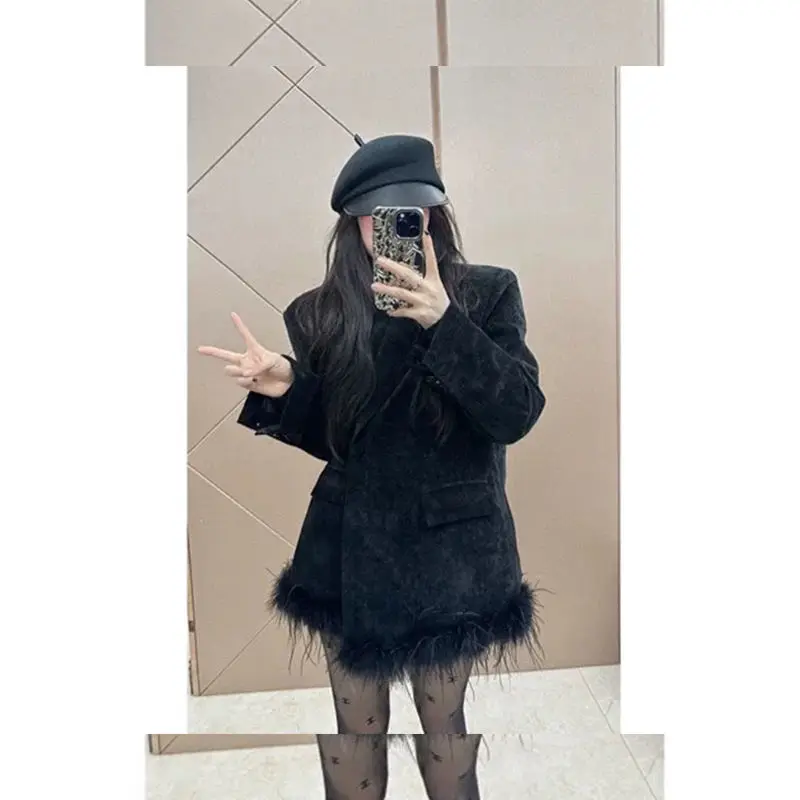 Zimowa, luksusowa, czarna, sztruksowa, ocieplana marynarka damska w stylu koreańskim, elegancki płaszcz z futrzanym wykończeniem, luźna kurtka garniturowa, odzież damska.