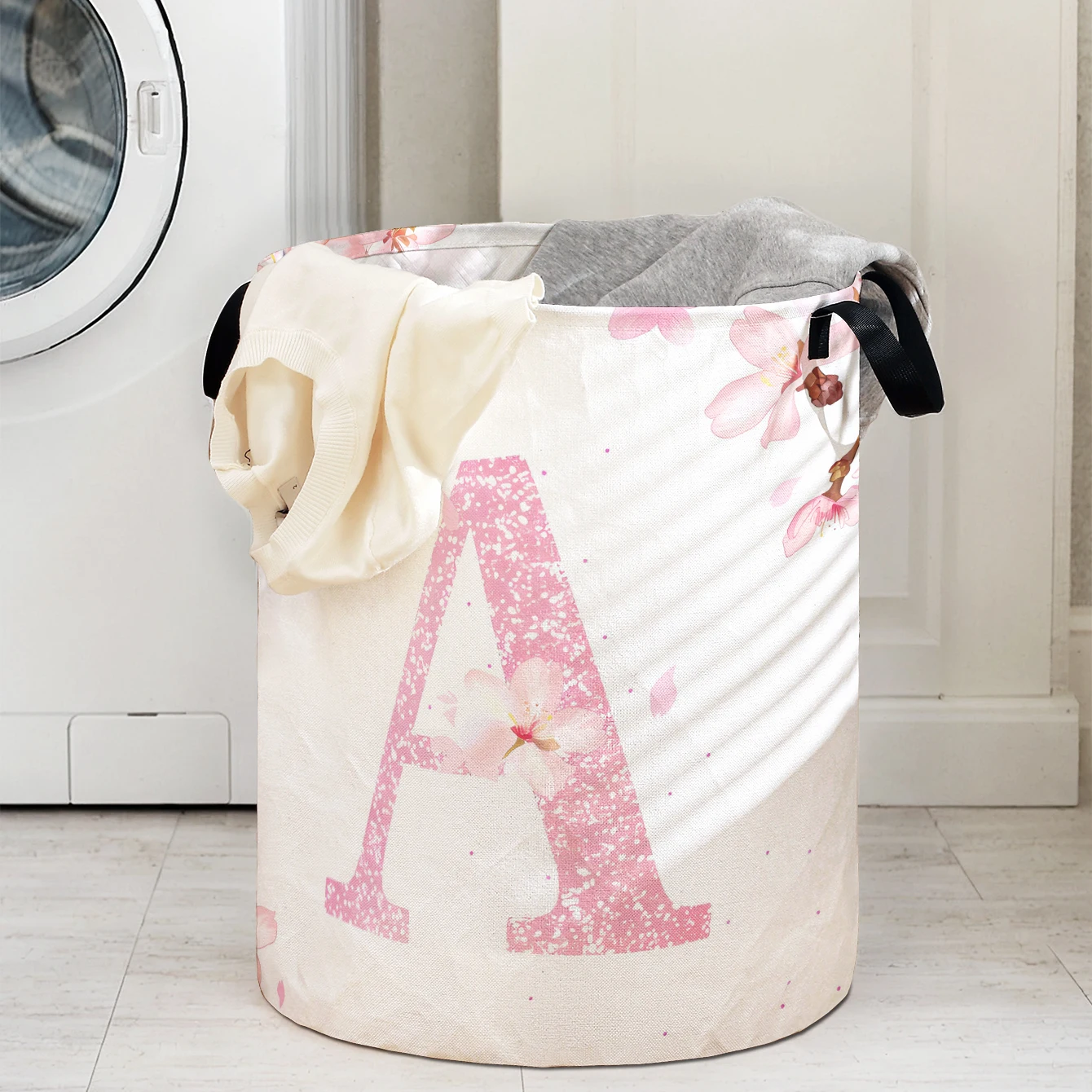 Cherry Blossom and Letter A Print Foldable Large Capacity Storage Bucket, Children's Toy and Clothing Storage, Home Bathroom