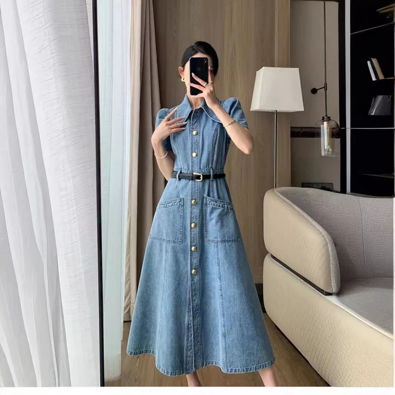 Abito in Denim Vintage blu donna 2024 primavera estate New Fashion Button Midi Jean Shirt abiti A- Line abiti lunghi Para Mujer