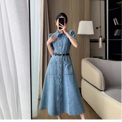 Blue Vintage Denim Dress Women 2024 Spring Summer New Fashion Button Midi Jean Shirt Dresses A- Line Long Vestidos Para Mujer