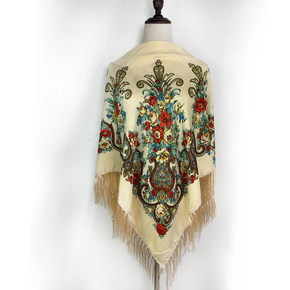 

130*130cm Russian Square Scarf Women Luxury Floral Print Fringed Bandana Scarves Pareo Lady Headband Scarves Babushka Head Wraps
