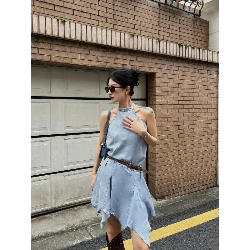 

2024 Women's Summer New Fashion Hanging Neck Solid Color Cowboy Tank Top Dress Street Style Design Irregular Sleeveless Skirt