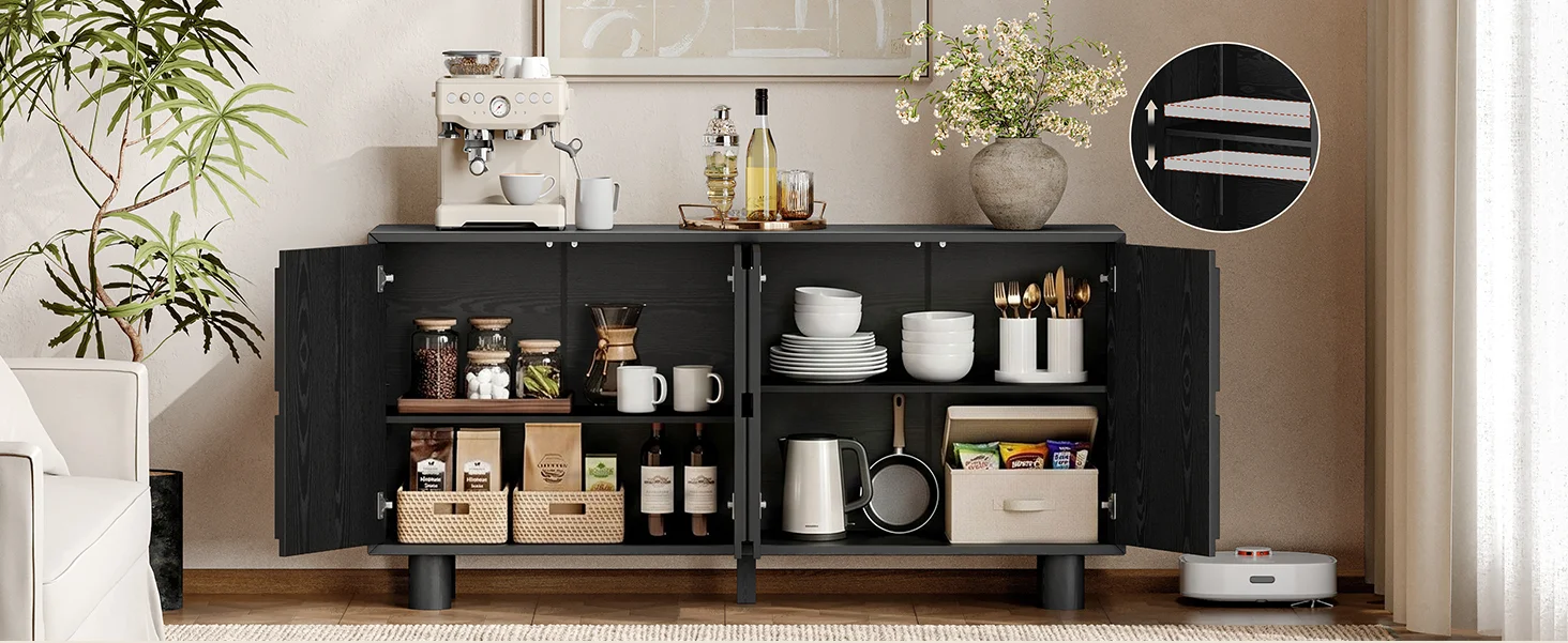 ONBRILL 63 Inch (160cm) Modern Fluted Buffet Cabinet - Storage Sideboard w/Push-Spring Doors, Entryway Dresser, Black