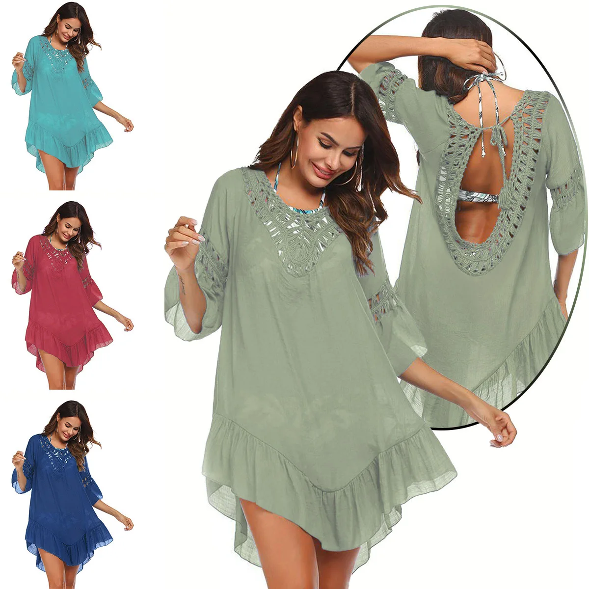Vestido de playa de verano de Color sólido para mujer, cubierta de Bikini, ganchillo a mano, cuello calado, espalda descubierta, con cordones, media manga, rojo, verde y azul