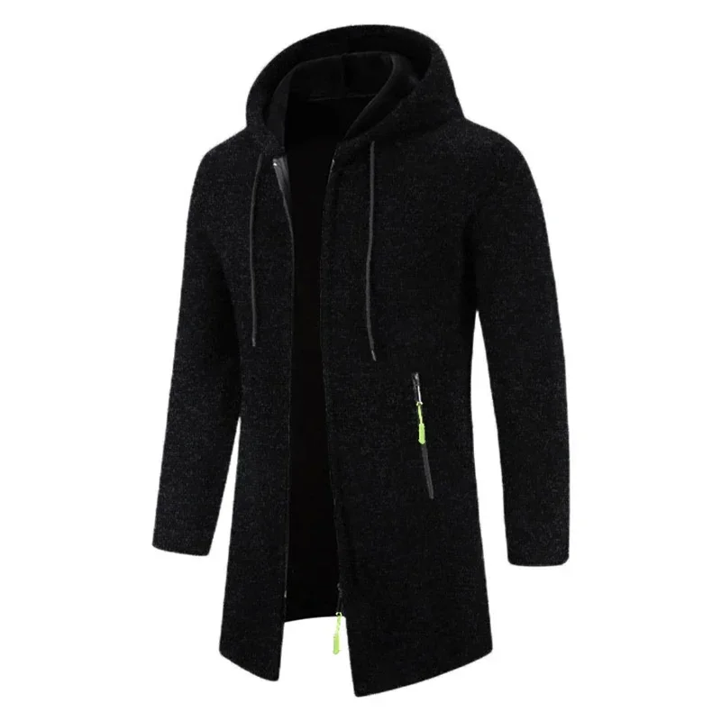 Men's Hooded Medium Long Thin Velvet Loose Large Size Sweatshirt Sweater Coat Knit Cardigan Black Coat Top Coat