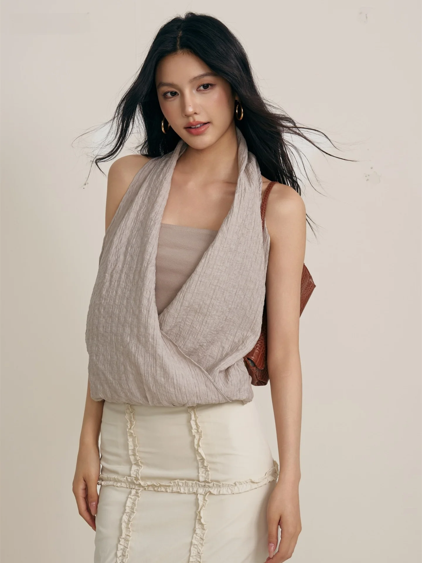 

CHILL ZOEY Summer New Women's Slim Fit Cross Ne Handmade Pleated Top Faionable Thinming Bal Rba Vest
