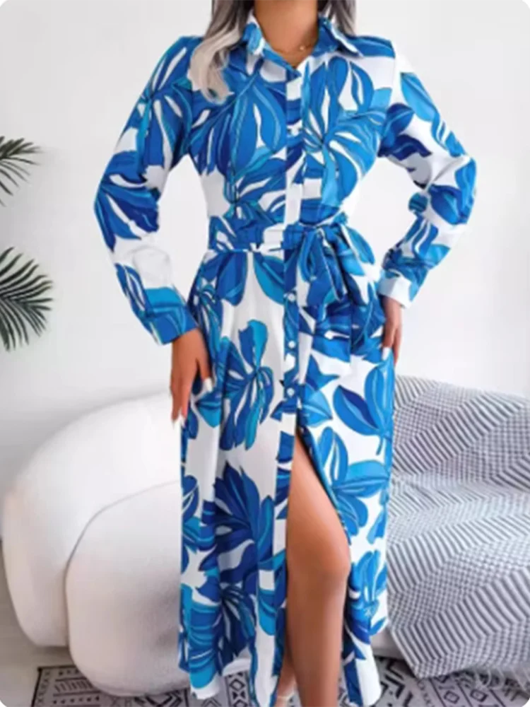 

Fashionable Lapel Print Long Sleeved Button Tied Dress Women's Daily Elegant Loose Bohemian Style Autumn Dress