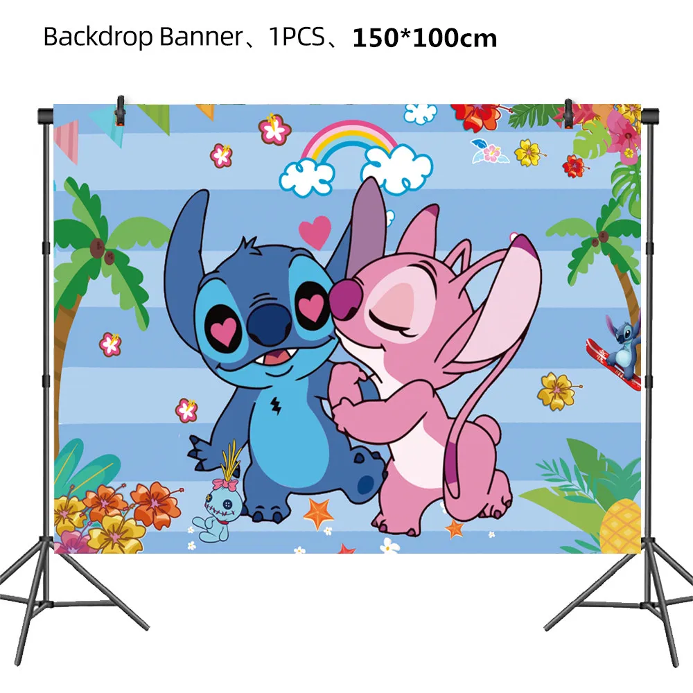 

Disney Cartoon Stitch Birthday Party Backdrop Decoration Baby Shower Pink Angel Balloons Cake Topper Set Supplies Kids Toy