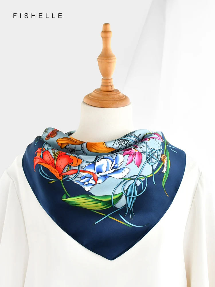 Blue flowers 100% natural real silk scarves small square scarf hijab shawl luxury gift headband 65cm women wrap neckerchief