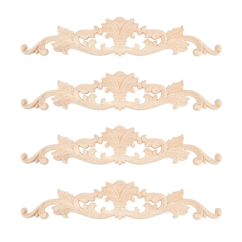 4Pcs Wooden Carved Onlay Appliques Wood Carving Decal Unpainted Furniture Decoration For Home Door Cabinet Decoration