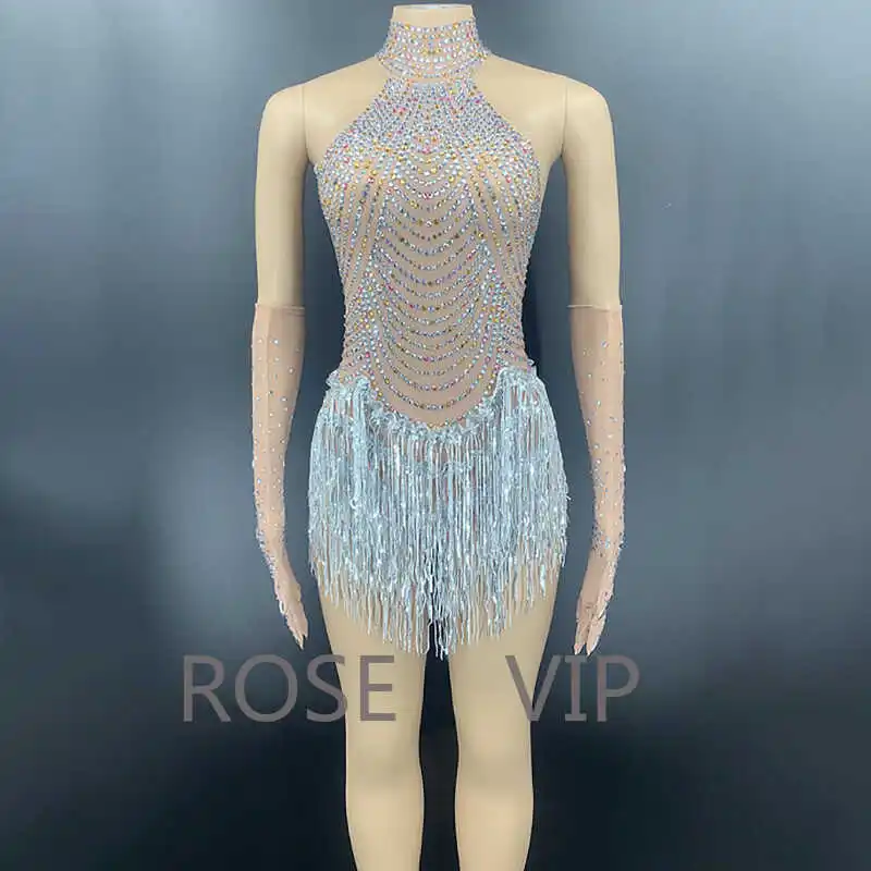 

Rhinestones Fringes Leotard Sexy DanceBodvsuit Nightclub Outfit Show PerformanceStage One-piece Stage Wear Dancer Costume Jazz