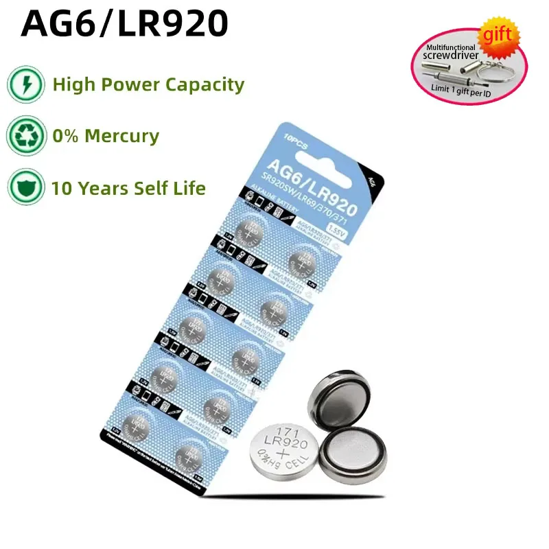 1.55V Coin Battery AG6 371 SR920SW LR920 SR927 171 370 L921 LR69 SR920 Button Batteries for Watch Toys Remote Button Cell