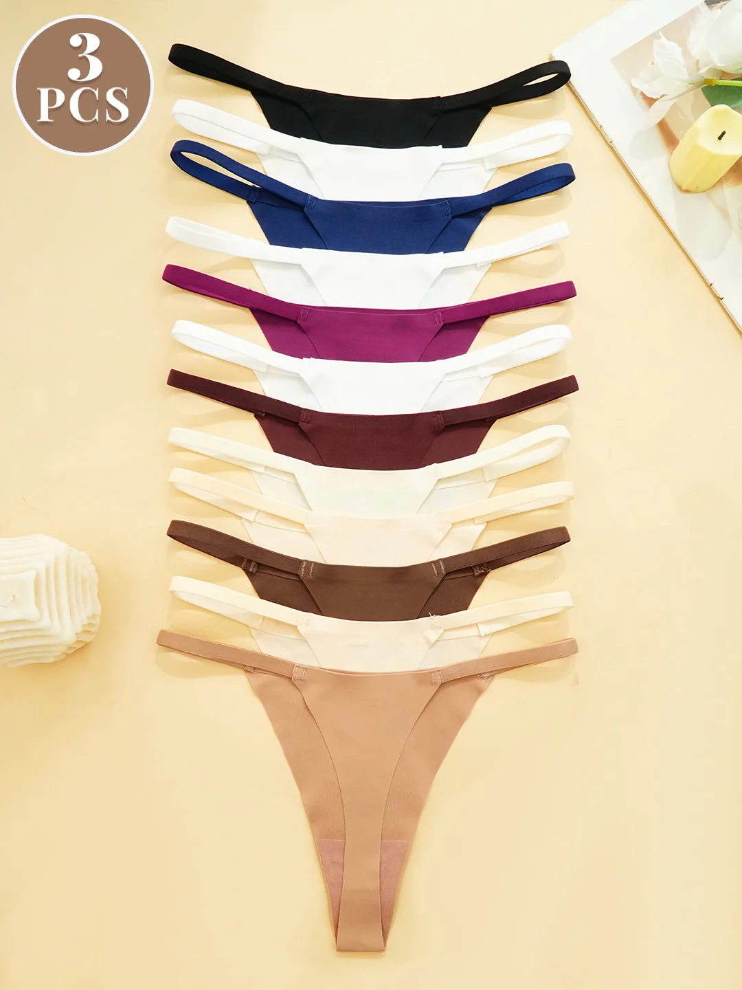 3pcs Women's Panties Sexy Thongs Solid Color Knickers Low-Waist Underpants Seamless G-string Soft Un