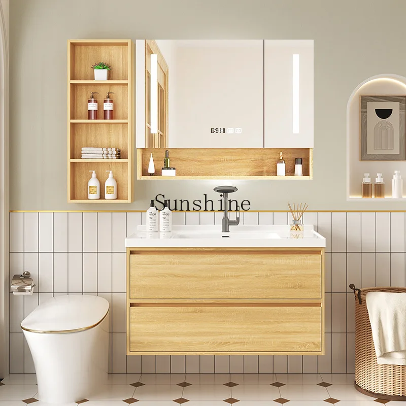 

Log color retro bathroom cabinet washbasin, combination, ceramic integrated, hanging smart