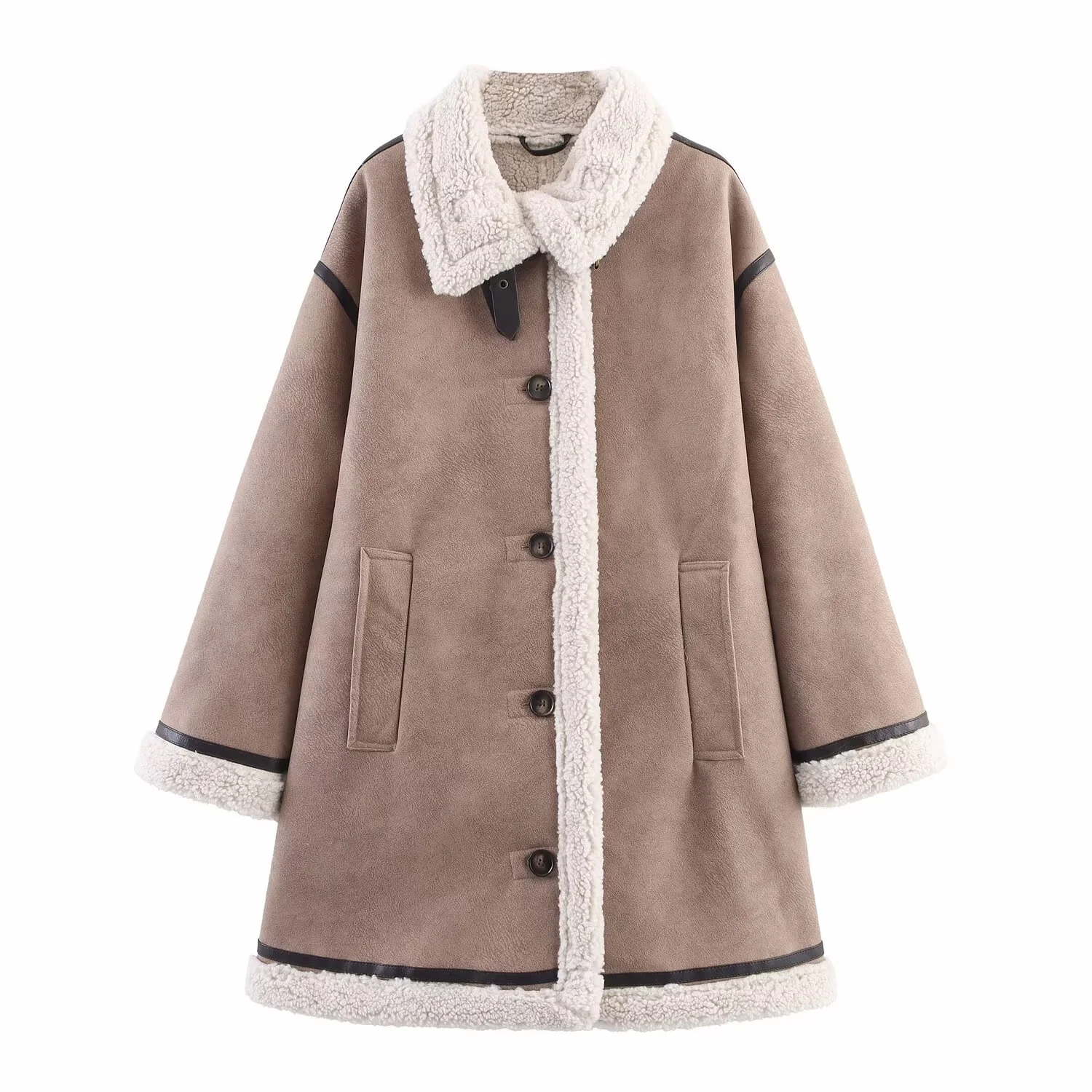 

JNLEAOG Spring New Women's Double-sided Buttoned Leather Fur Inteated Coat Windproof Long Sve Middle-length European Sle