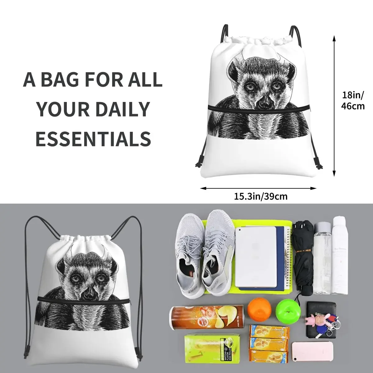 Ring Tailed Lemur - Ink Illustration Backpacks Drawstring Bag Drawstring Bundle Pocket Storage Bags For Travel Sport Man Woman