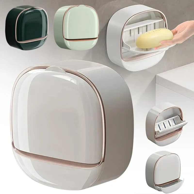 

Wall Mounted Soap Holder Soap Box With lid Bathroom Soap Dish Without Drilling Soap Storage Rack Bathroom Accessories