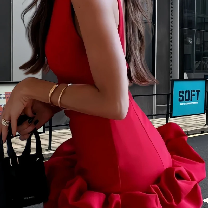 OMSJ verano elegante dulce sin mangas vestido de burbuja Color sólido cintura alta moda delgada cuello redondo árbol comestible hongo dobladillo Mini vestido sin mangas