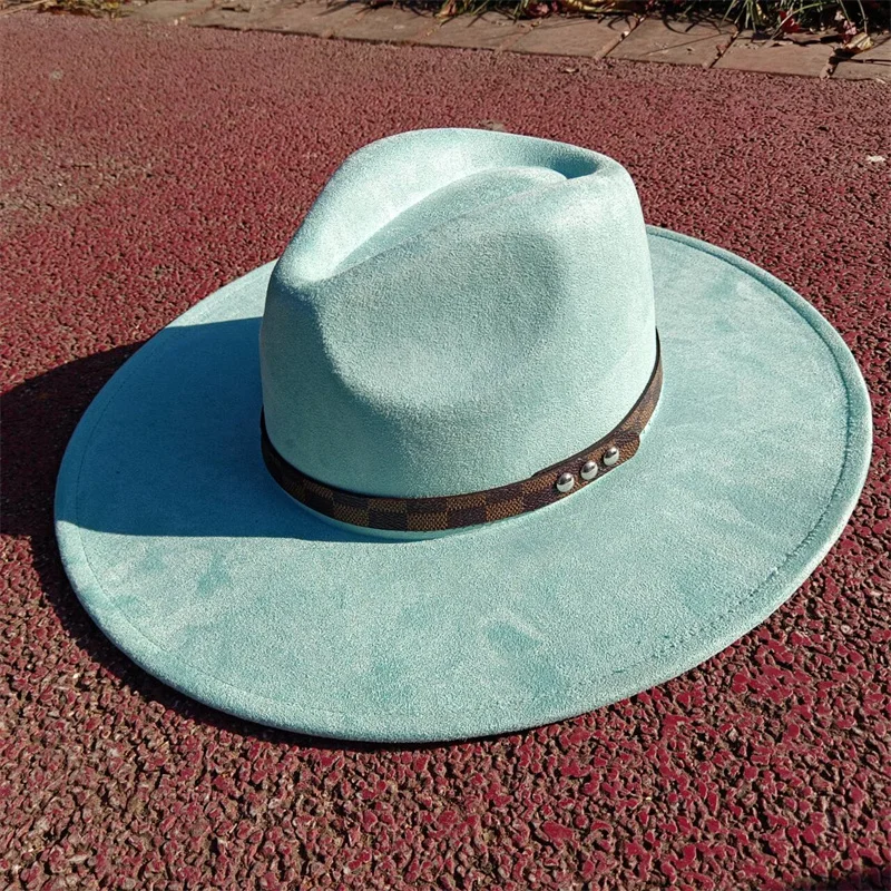 Sombrero de gamuza Fedora verde aguacate para hombres y mujeres, cinturón a cuadros, parte superior de gota de agua, ala grande, sombrero de gamuza