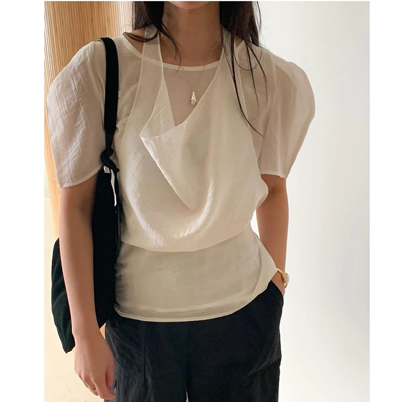 

Chic Loose Women's irt Spring Summer New Sle Korean Simple Elegance Unique Ne Hanging Two-Piece Set ort Sve Top