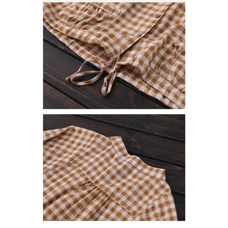 Retro xadrez impressão feminina 2025 fino elegante literário com decote em v manga média solta manga quarto botão topo