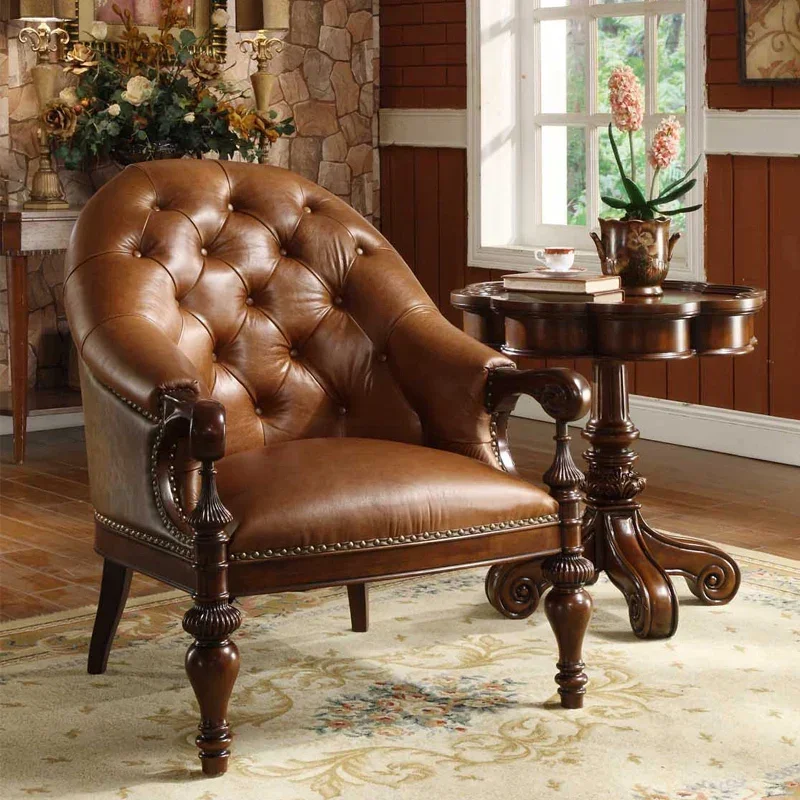 American single sofa chair Solid wood layer cowhide microfiber leisure chair retro carved negotiating chair