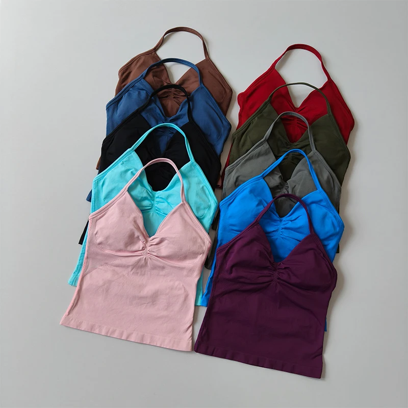 Lange, trägerlose, nahtlose Yoga-Tanktops mit gerafftem Rücken, ärmellose Fitness-Shirts mit integriertem BH, Sportbekleidung. – Detail 2