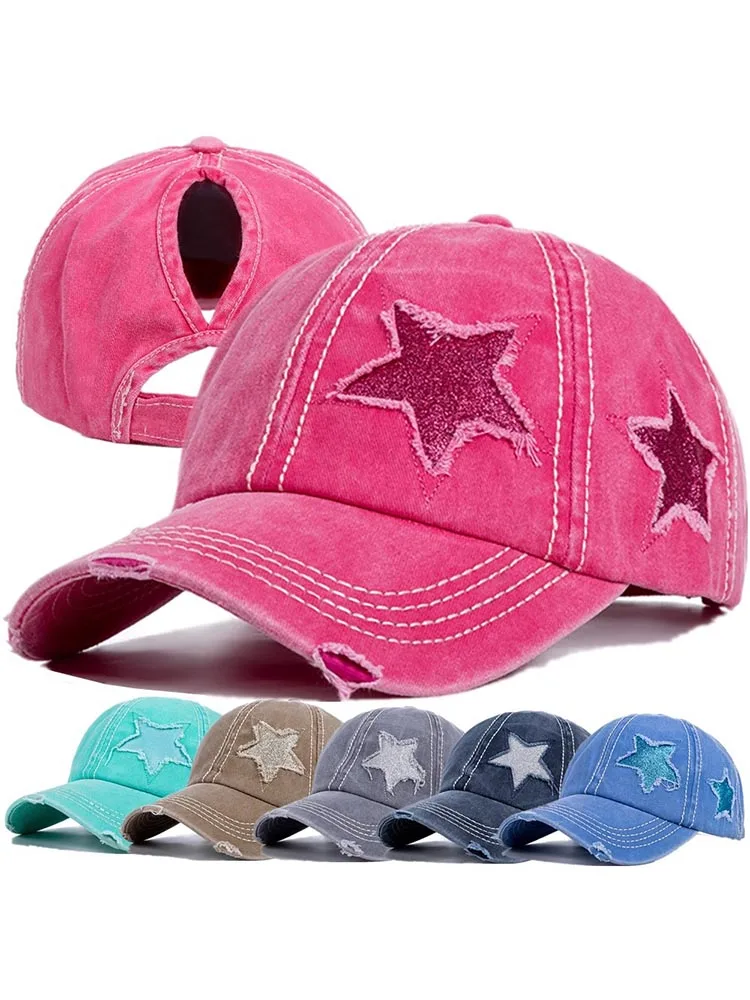 2024 New High Ponytail Baseball Cap for Women Snapback Hat Bone Hip Hop Adjustable Distressed Star Dad Hats Casquettes Femmes