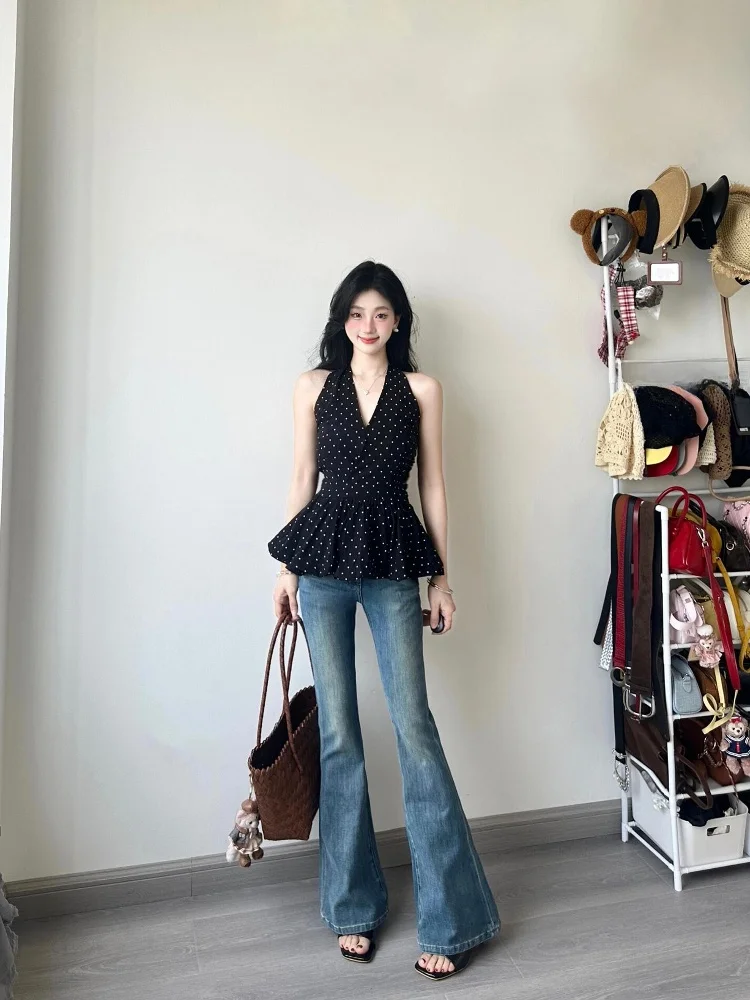 

Pure Desire Black Polka Dot Halter Neck Sleeveless Women's Shirt Slim Fit V Neck Flower Bud Top Summer Fashion Korean Style