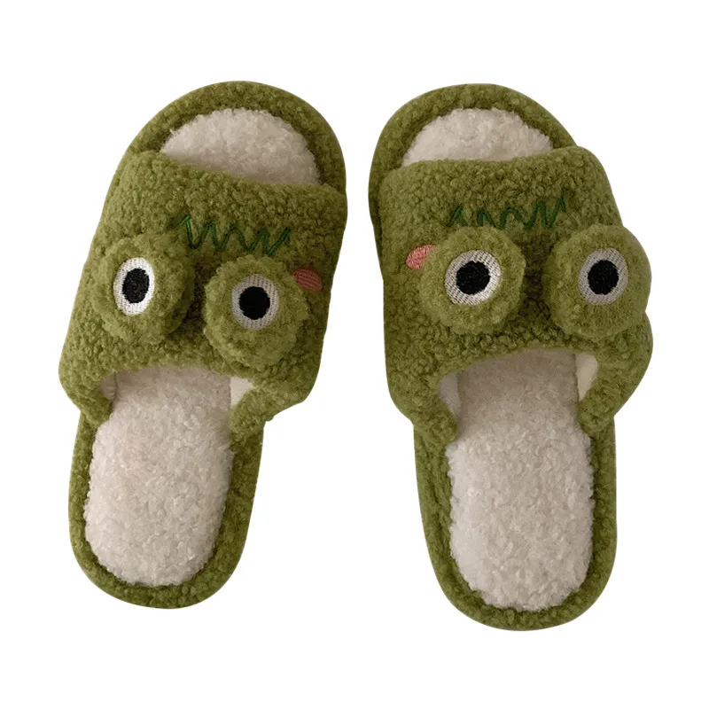 Women Faux Fur Slippers Cute Cartoon Frog Home Slipper Women Men Winter Warm Shoes Soft Plush Lovers Indoor House Floor Slides