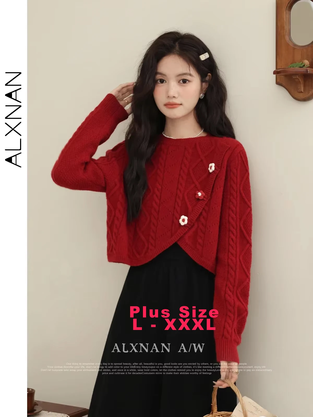 

ALXNAN 2024 Fall Winter Women's Plus Size Sweater Gentle O-neck Flower Buttons Straight Knitted Jumper Sold Separately DM00706MY