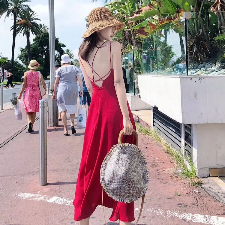 E Vestido de Playa Rojo sin Espalda para Mujer, Vestido Largo sin Mangas con Cintura Alta para Vacaciones de Verano, I...