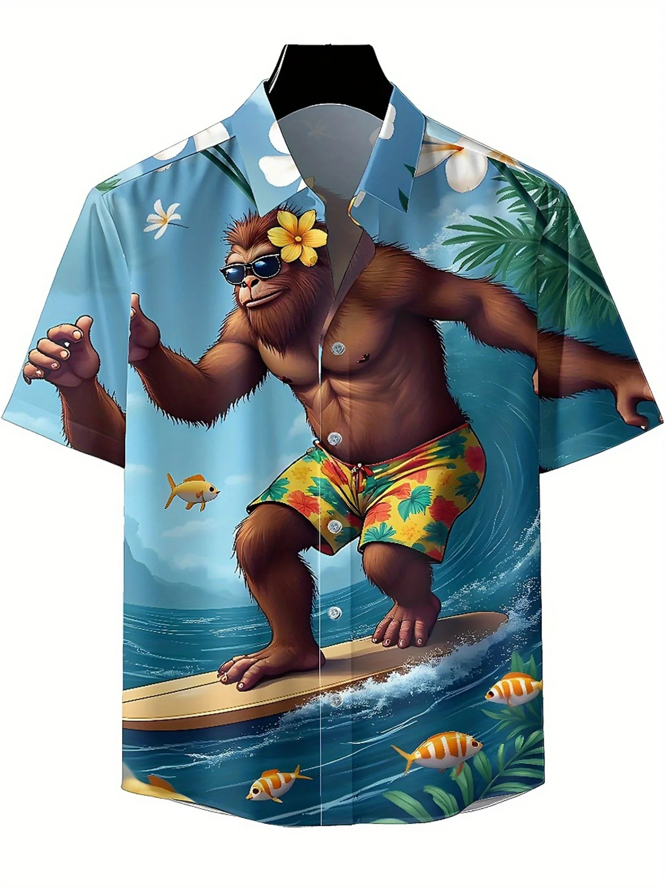 قمصان هاواي مقاس كبير للرجال من Sasquatch نمط مغامرة ركوب الأمواج الاستوائية، قمصان ألوها فضفاضة للجنسين، ملابس بديلة