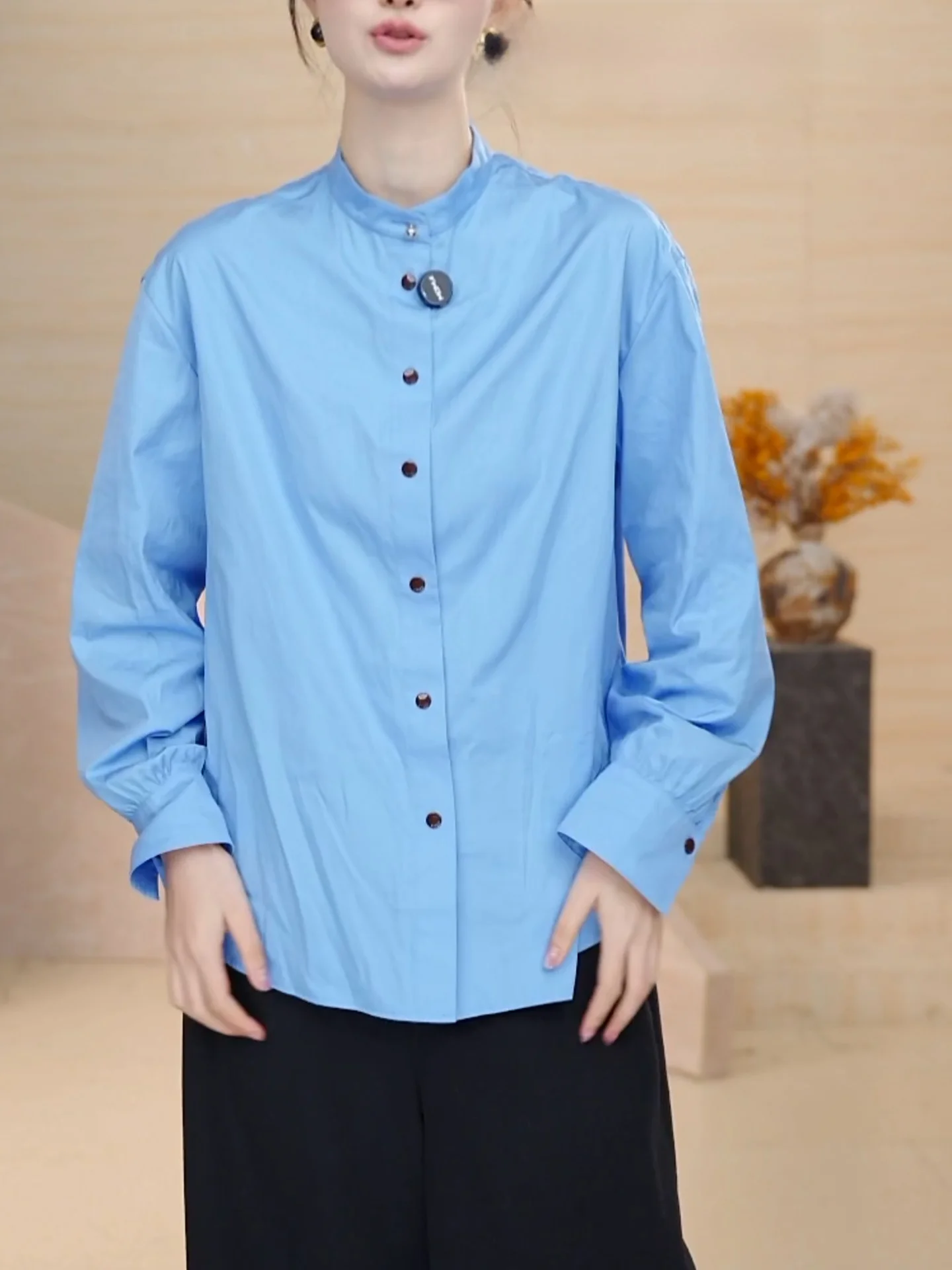 

Модная синяя женская блузка с длинным рукавом для осени и зимы, больших размеров, элегантный топ, стройнящий фигуру, премиум-класса, повседневный шик