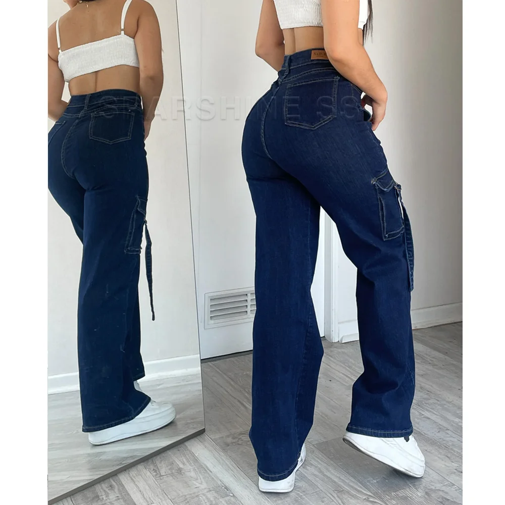 2024 Damen Jeans hohe Taille abnehmen High Street Hose lose gerade Tasche Design Jeans hose Streetwear