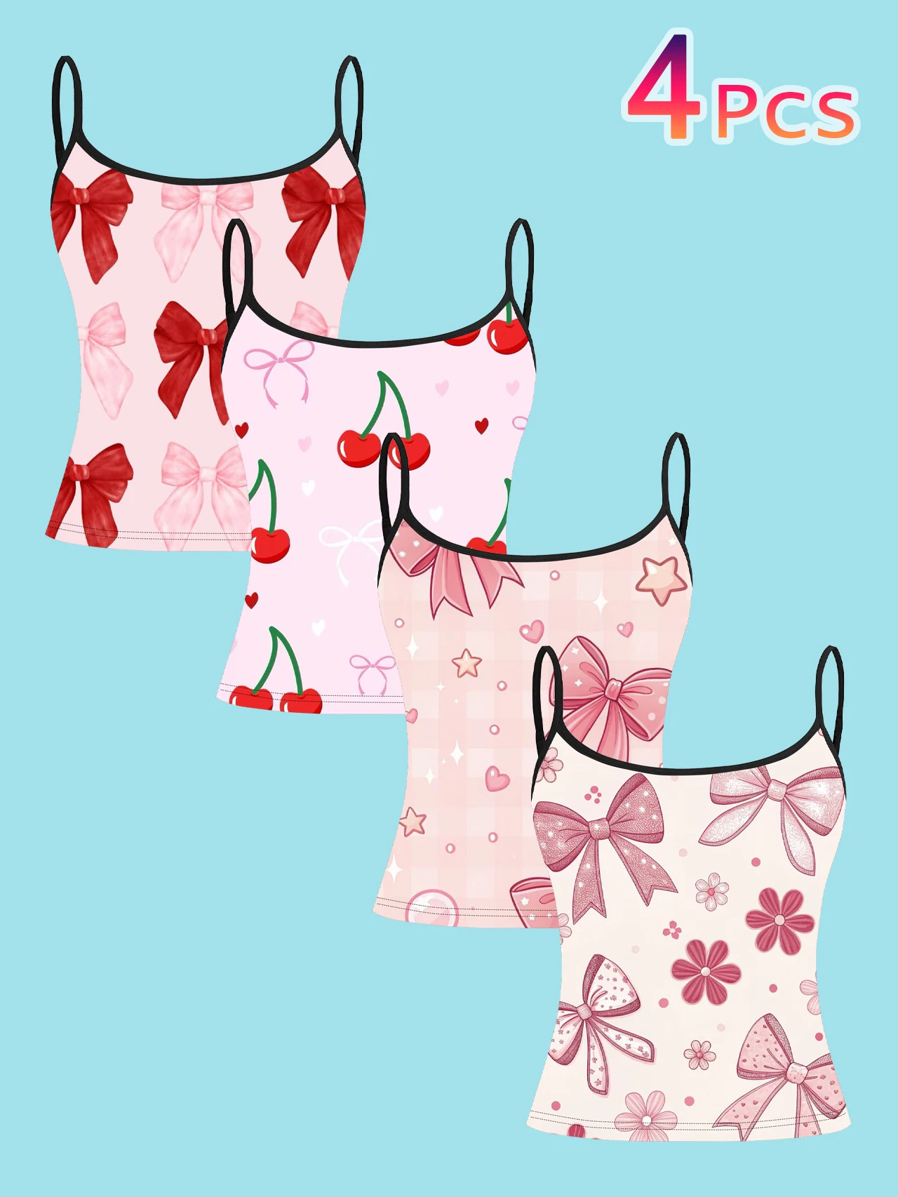 4-Piece Set of Girly Style Bowknot Cherry Women's Camisoles, Plaid Star Small Flower Heart Bowknot Cherry Print Slim-Fit Spaghetti Strap Short Camisole Tops