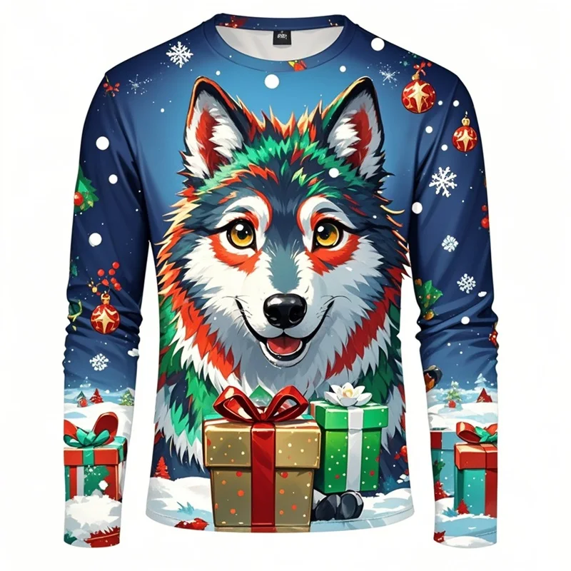 3D Print Animal Husky Graphic Long Sleeve T Shirt For Men Merry Christmas Crewneck Oversized Tshirts Clothes Mens Tee Tops