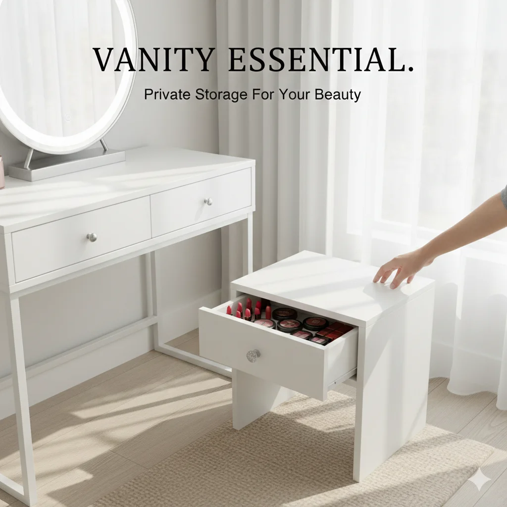 

Vanity Stool with Crystal Handle & Lockable Drawer | Private Beauty Storage